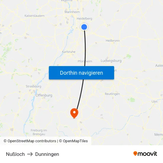 Nußloch to Dunningen map