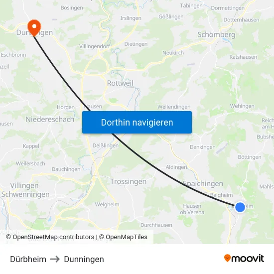 Dürbheim to Dunningen map