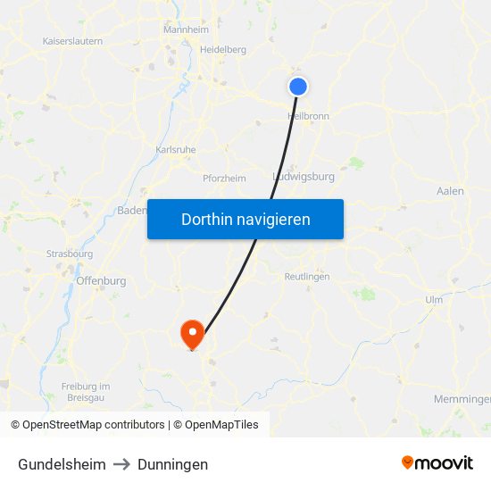 Gundelsheim to Dunningen map