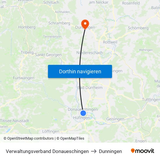 Verwaltungsverband Donaueschingen to Dunningen map