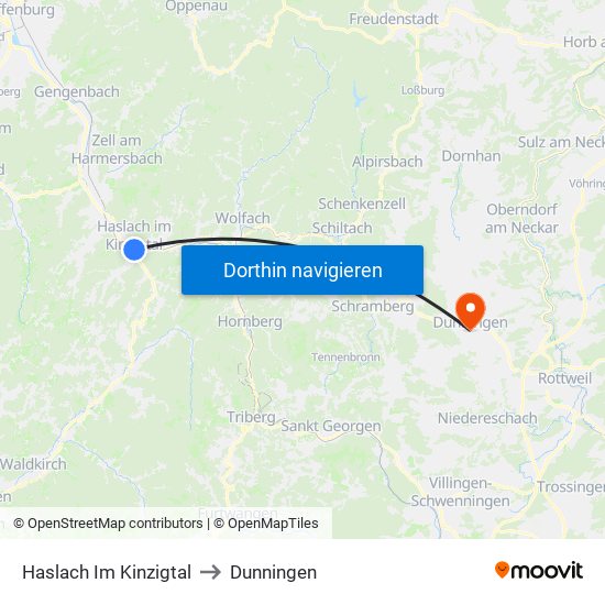Haslach Im Kinzigtal to Dunningen map