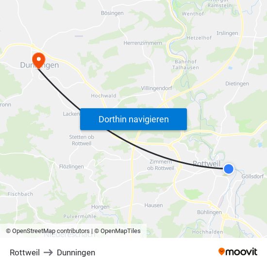 Rottweil to Dunningen map