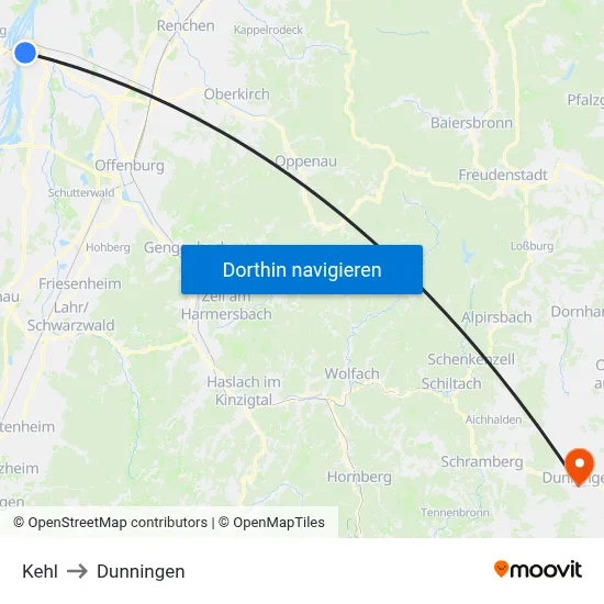 Kehl to Dunningen map