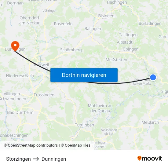 Storzingen to Dunningen map