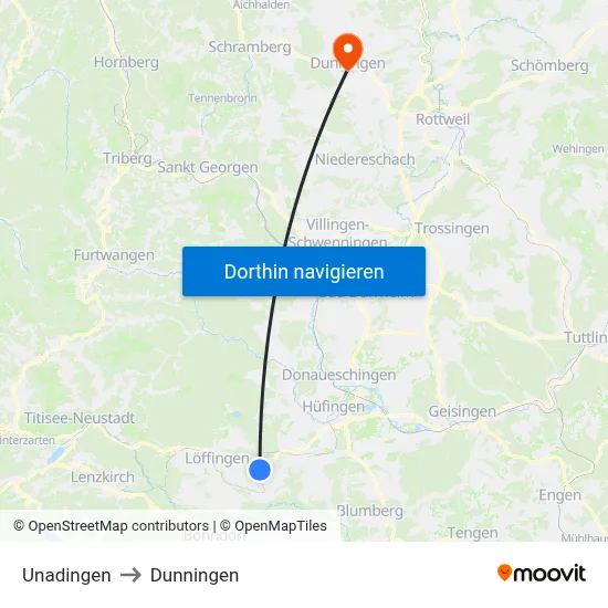 Unadingen to Dunningen map