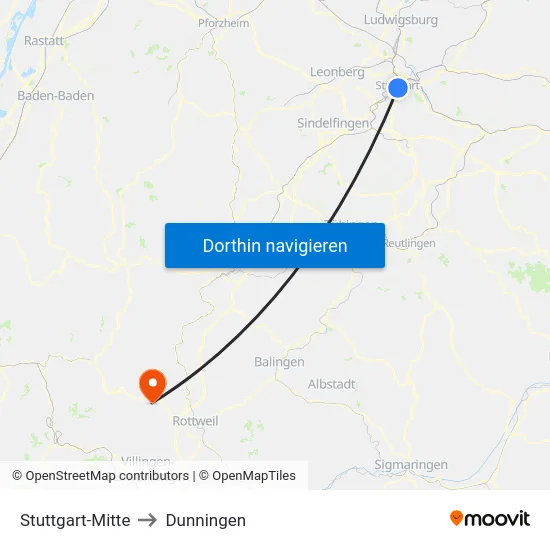 Stuttgart-Mitte to Dunningen map