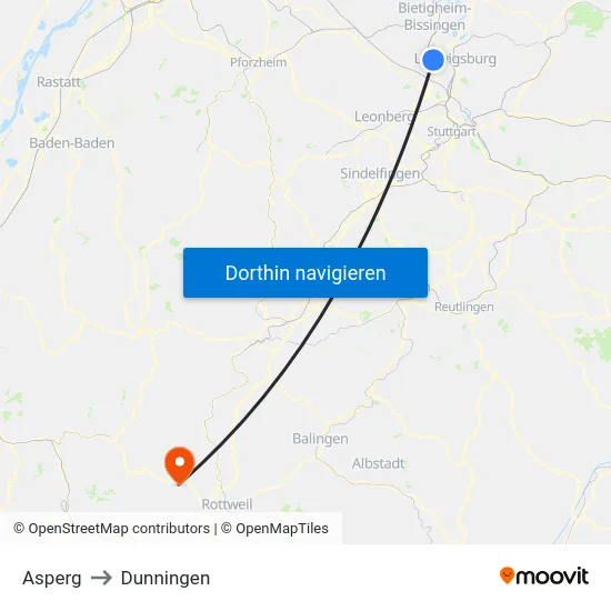 Asperg to Dunningen map