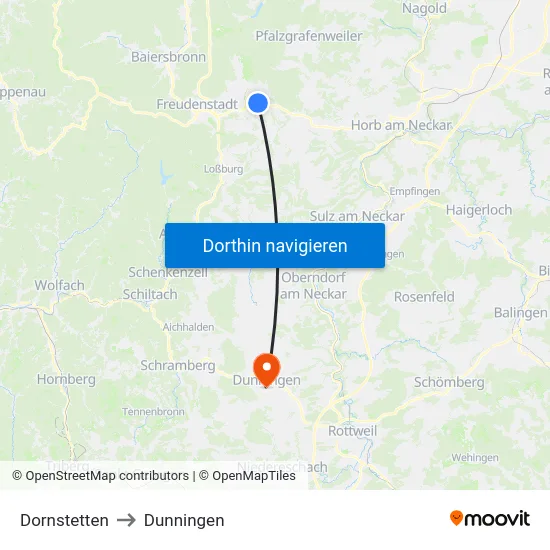 Dornstetten to Dunningen map