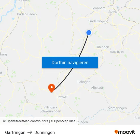Gärtringen to Dunningen map