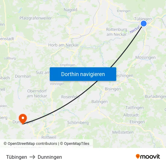 Tübingen to Dunningen map