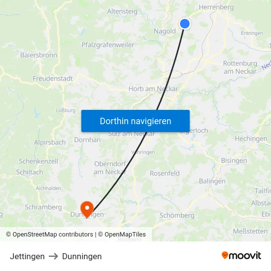 Jettingen to Dunningen map