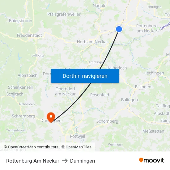 Rottenburg Am Neckar to Dunningen map