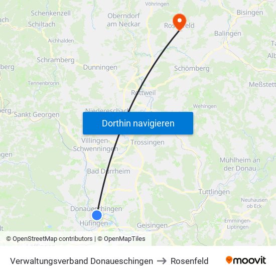 Verwaltungsverband Donaueschingen to Rosenfeld map