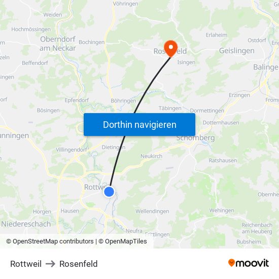 Rottweil to Rosenfeld map