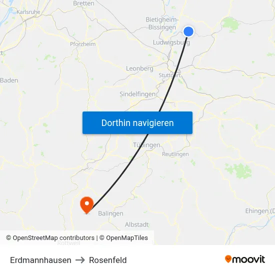 Erdmannhausen to Rosenfeld map