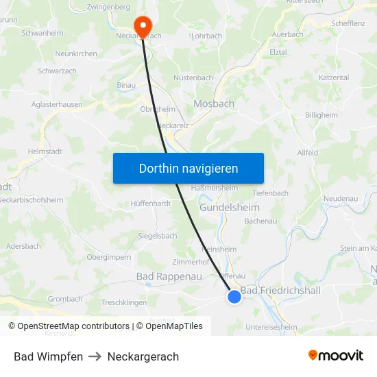 Bad Wimpfen to Neckargerach map