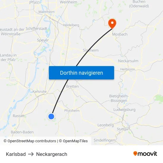 Karlsbad to Neckargerach map