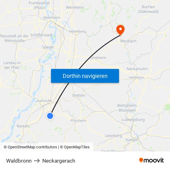 Waldbronn to Neckargerach map