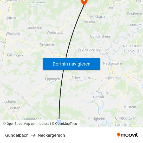 Gündelbach to Neckargerach map