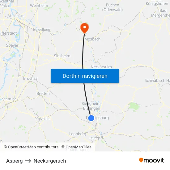 Asperg to Neckargerach map
