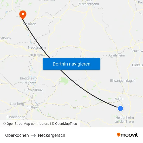Oberkochen to Neckargerach map
