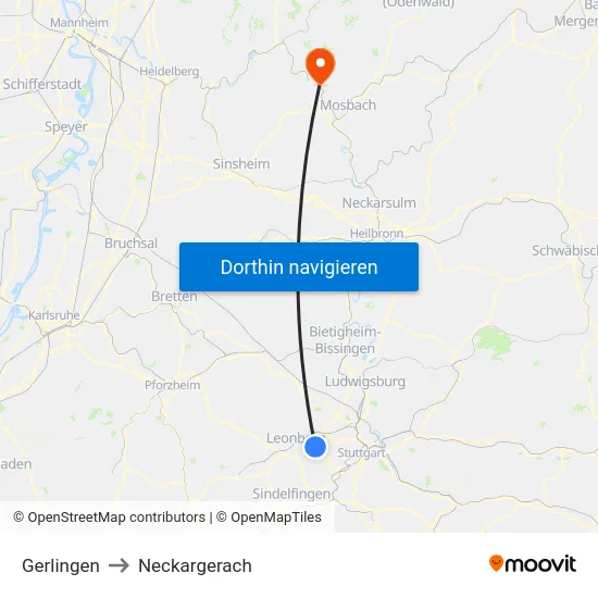 Gerlingen to Neckargerach map