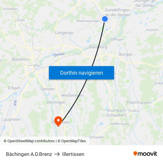 Bächingen A.D.Brenz to Illertissen map