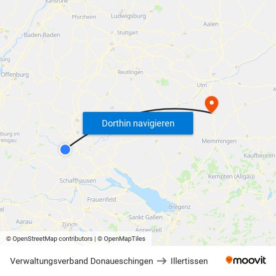 Verwaltungsverband Donaueschingen to Illertissen map