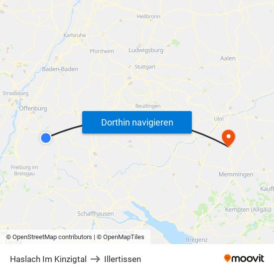Haslach Im Kinzigtal to Illertissen map