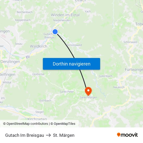 Gutach Im Breisgau to St. Märgen map