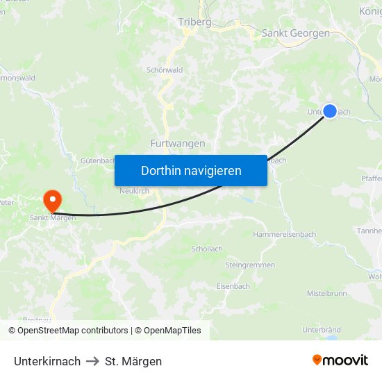 Unterkirnach to St. Märgen map