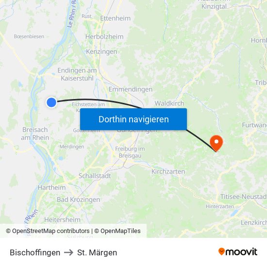 Bischoffingen to St. Märgen map