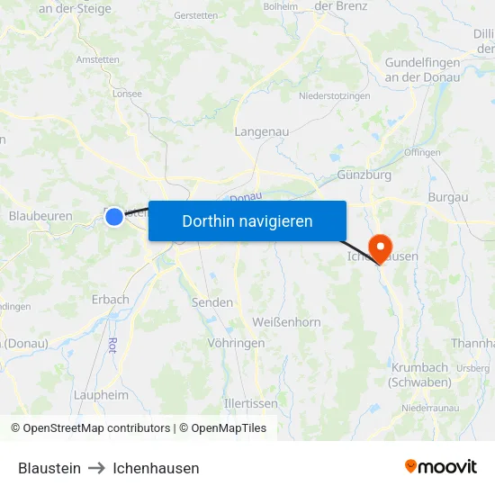 Blaustein to Ichenhausen map