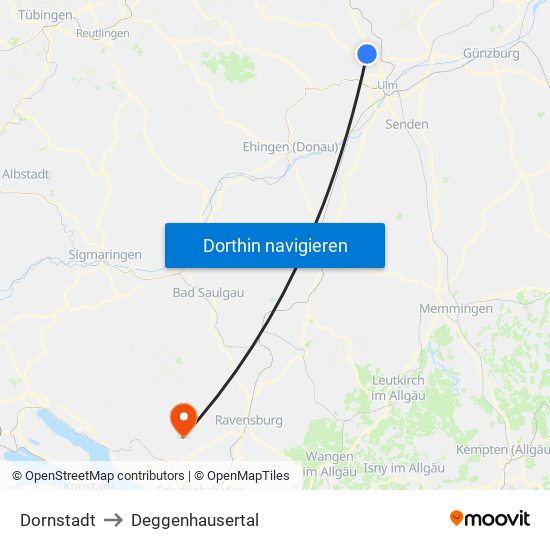 Dornstadt to Deggenhausertal map