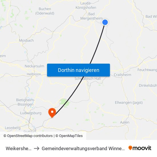 Weikersheim to Gemeindeverwaltungsverband Winnenden map