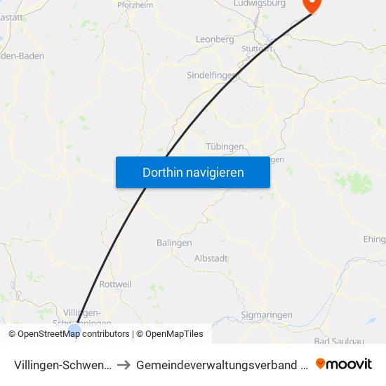 Villingen-Schwenningen to Gemeindeverwaltungsverband Winnenden map