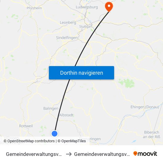 Gemeindeverwaltungsverband Meßstetten to Gemeindeverwaltungsverband Winnenden map