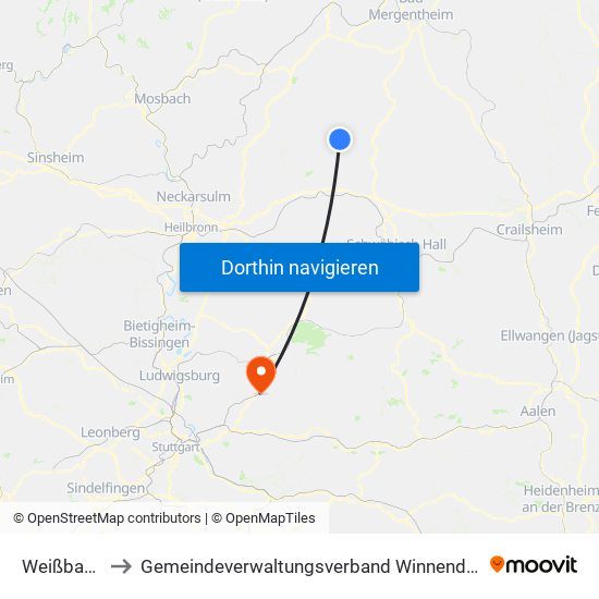 Weißbach to Gemeindeverwaltungsverband Winnenden map