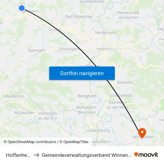 Hoffenheim to Gemeindeverwaltungsverband Winnenden map