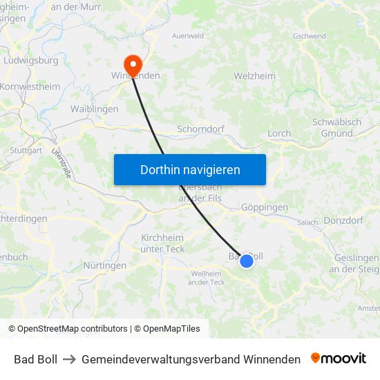 Bad Boll to Gemeindeverwaltungsverband Winnenden map