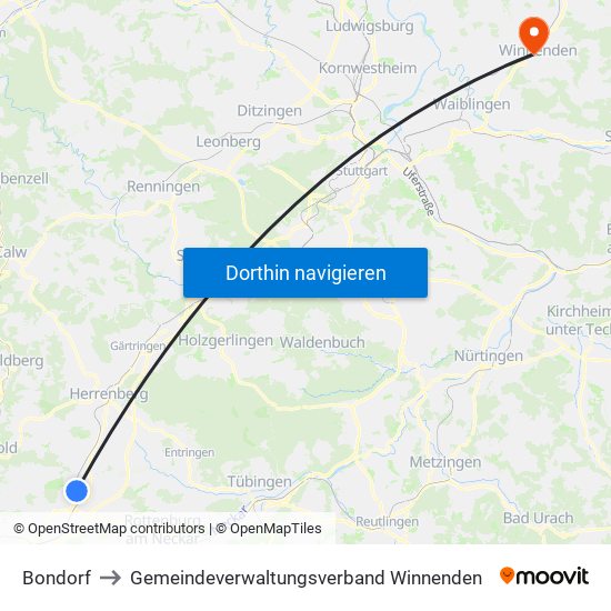 Bondorf to Gemeindeverwaltungsverband Winnenden map