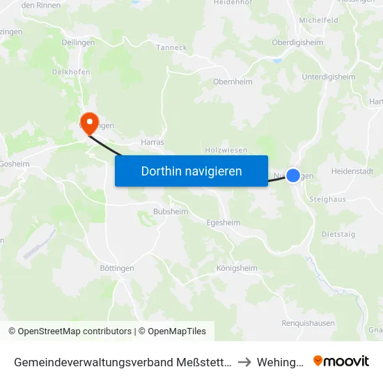 Gemeindeverwaltungsverband Meßstetten to Wehingen map