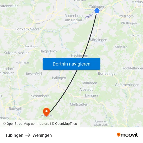 Tübingen to Wehingen map