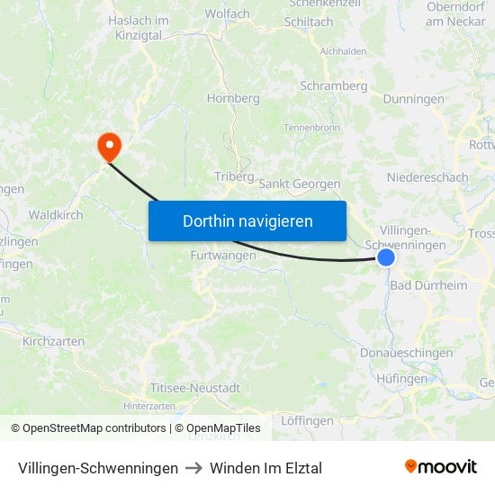 Villingen-Schwenningen to Winden Im Elztal map
