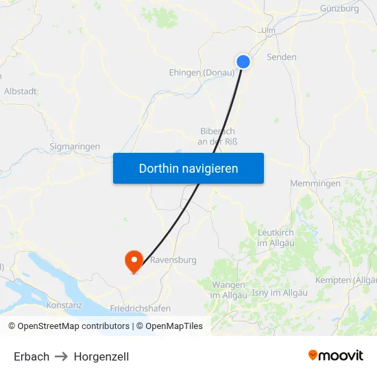 Erbach to Horgenzell map
