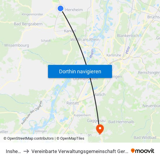 Insheim to Vereinbarte Verwaltungsgemeinschaft Gernsbach map