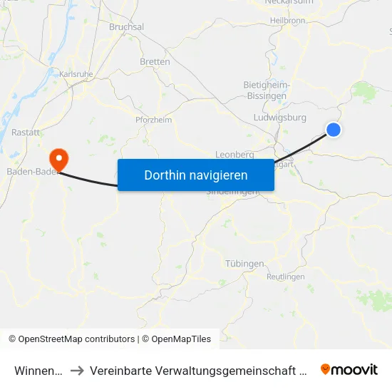 Winnenden to Vereinbarte Verwaltungsgemeinschaft Gernsbach map