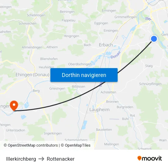 Illerkirchberg to Rottenacker map