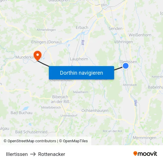Illertissen to Rottenacker map