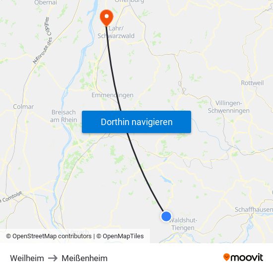 Weilheim to Meißenheim map